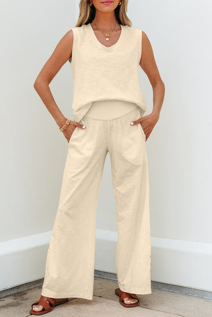 Beige Solid Color Tank Top and Smocked Waist Pants Set