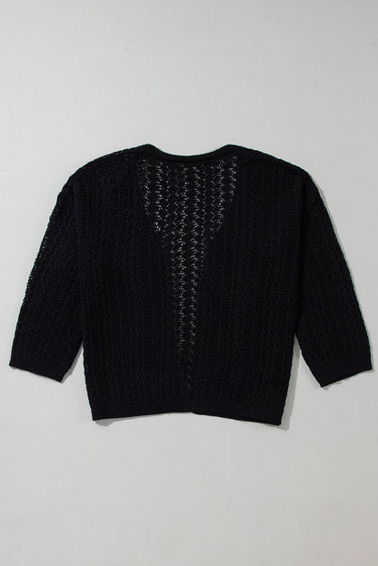 Black Hollow Out Knit Drop Shoulder Open Front Cardigan