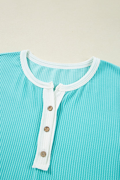 Turquoise Corded Colorblock Buttons Henley T Shirt