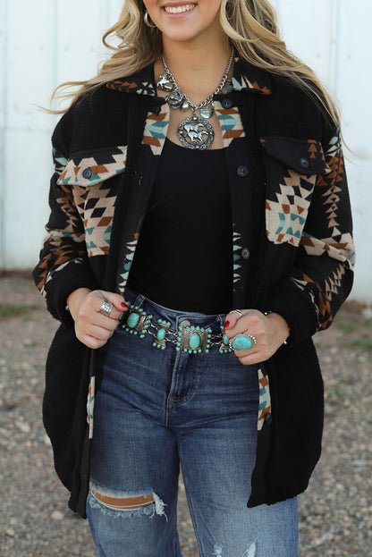 Black Western Aztec Print Accent Fleece Shacket