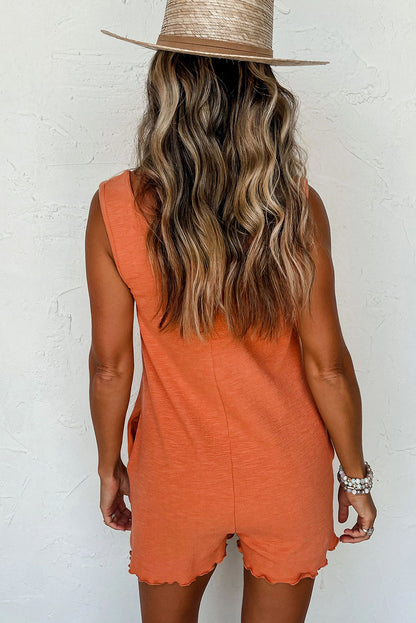 Grapefruit Orange U Neck Button Front Sleeveless Romper