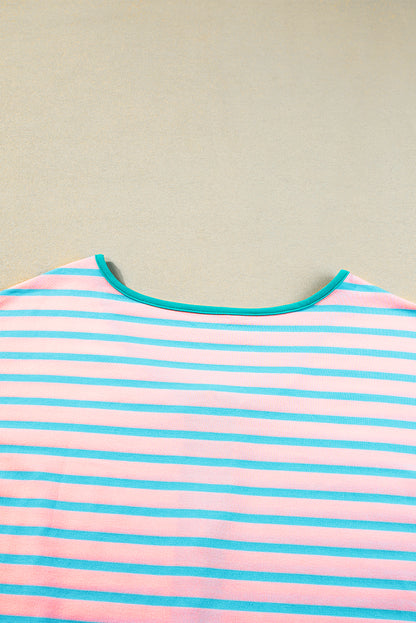 Pink Stripe Contrast Trim Half Zip Short Sleeve Top