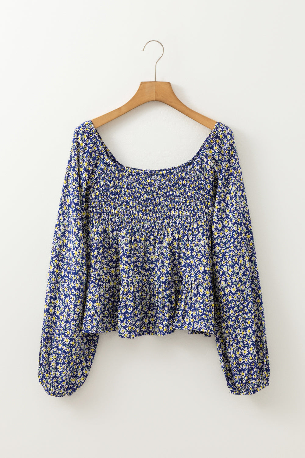 Blue Boho Floral Print Smocked Square Neck Loose Fit Blouse