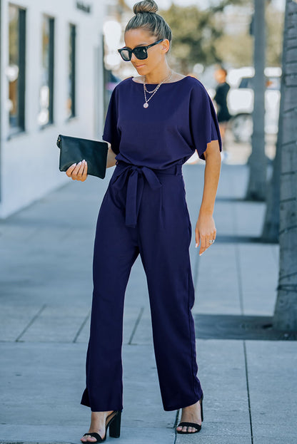 Blue Belted Wide Leg Jumpsuit