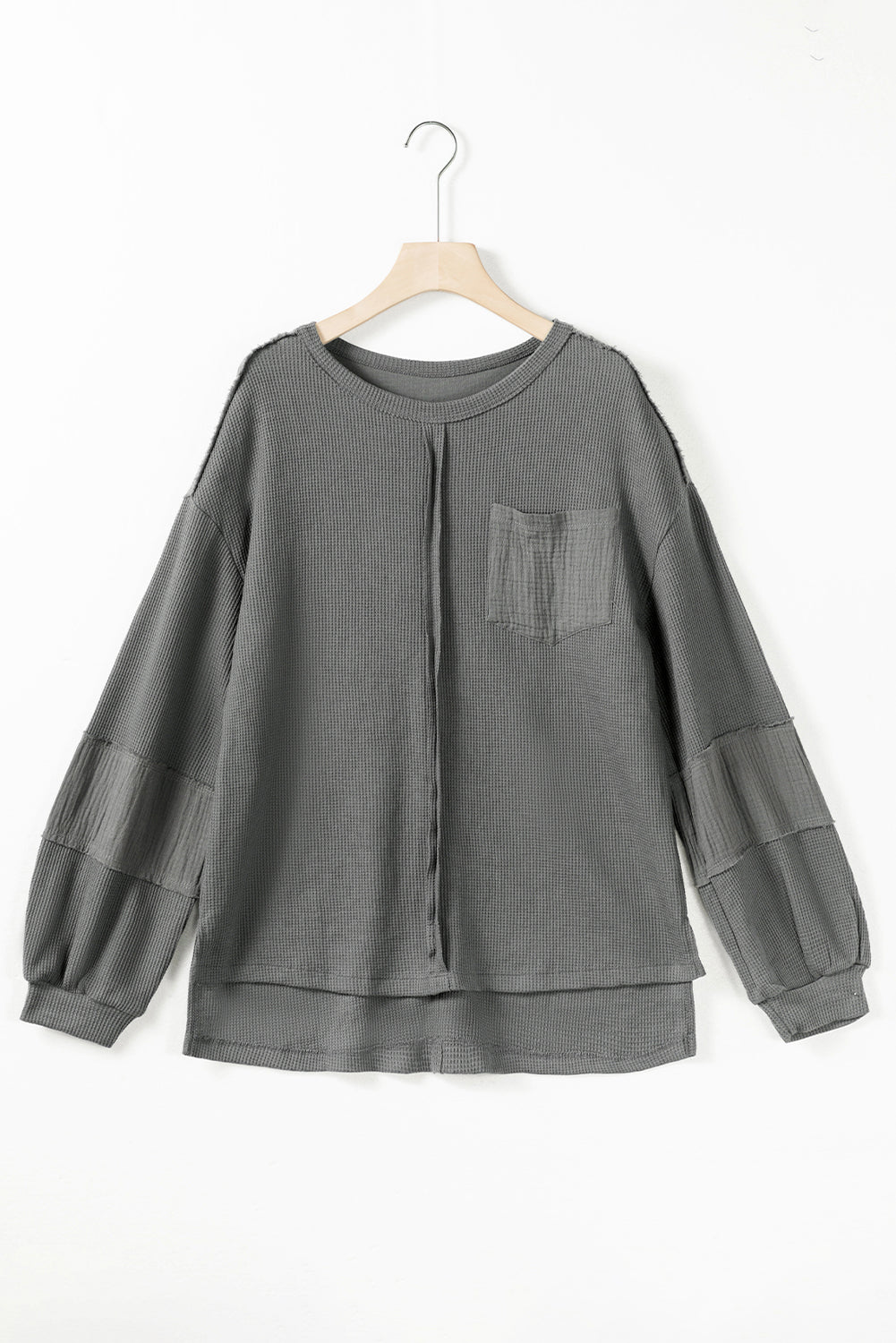 Gray Exposed Seam Patchwork Bubble Sleeve Waffle Knit Top