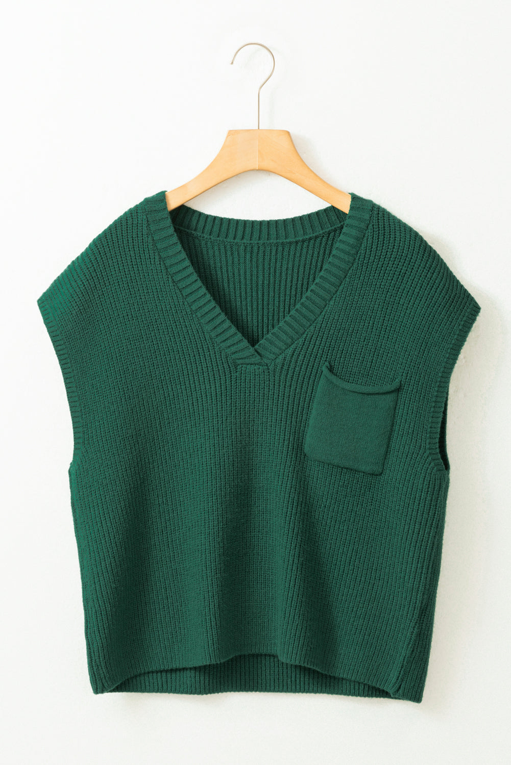 Blackish Green Chest Pocket V Neck Ribbed Cap Sleeve Sweater