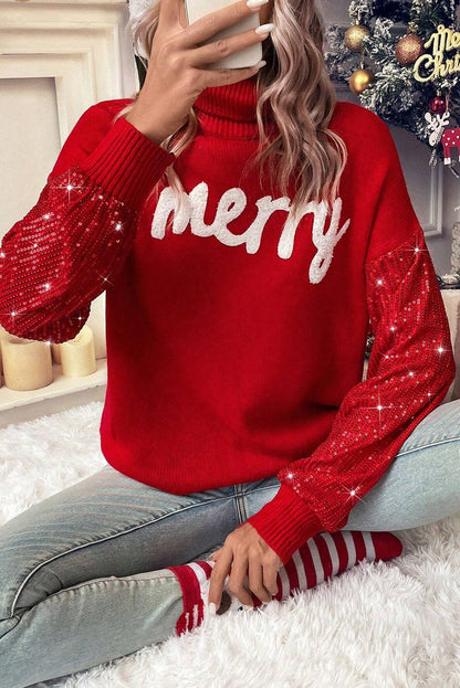 Racing Red Merry Graphic Sequin Sleeves Christmas Turtleneck Sweater