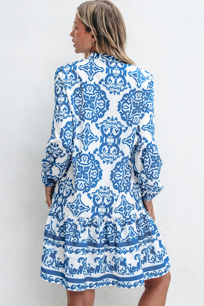 Sky Blue Tribal Print Button Up Notch Neck Loose Mini Dress