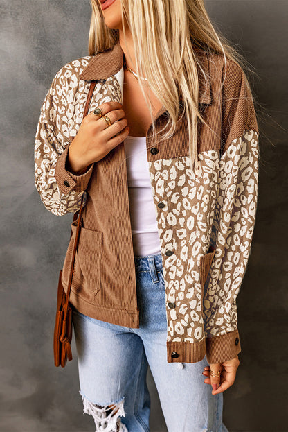 Brown Leopard Print Corduroy Long Sleeve Jacket