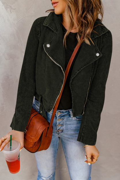 Buckle Belted Zip Up Corduroy Jacket