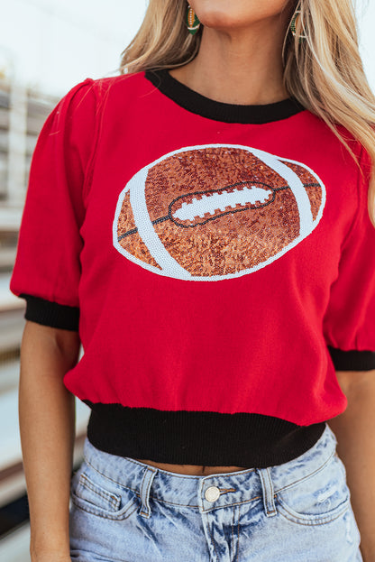 Red Sequin Rugby Color Block Puff Short Sleeve Sweater