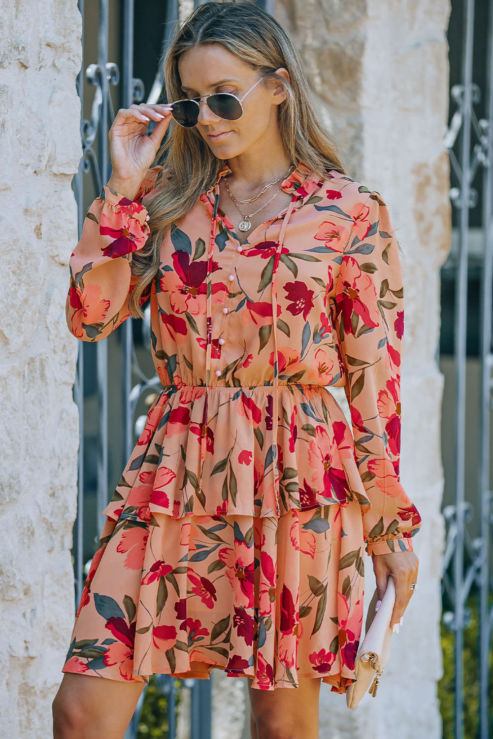 Fiery Red Frilled Collar Long Sleeve Floral Dress with Ruffle