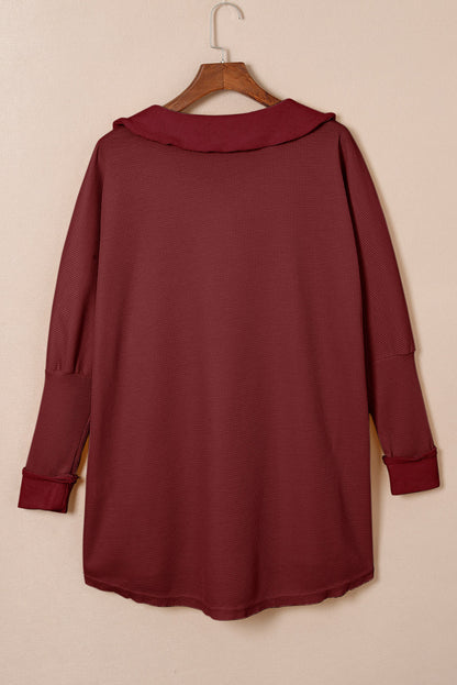 Red Waffle Knit Buttoned Long Sleeve Top