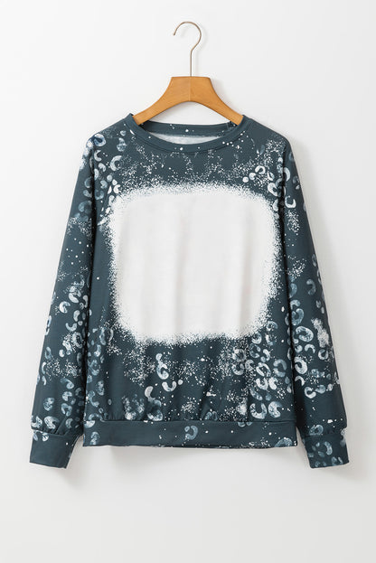 Blue Leopard Bleached Raglan Sleeve Crewneck Sweatshirt