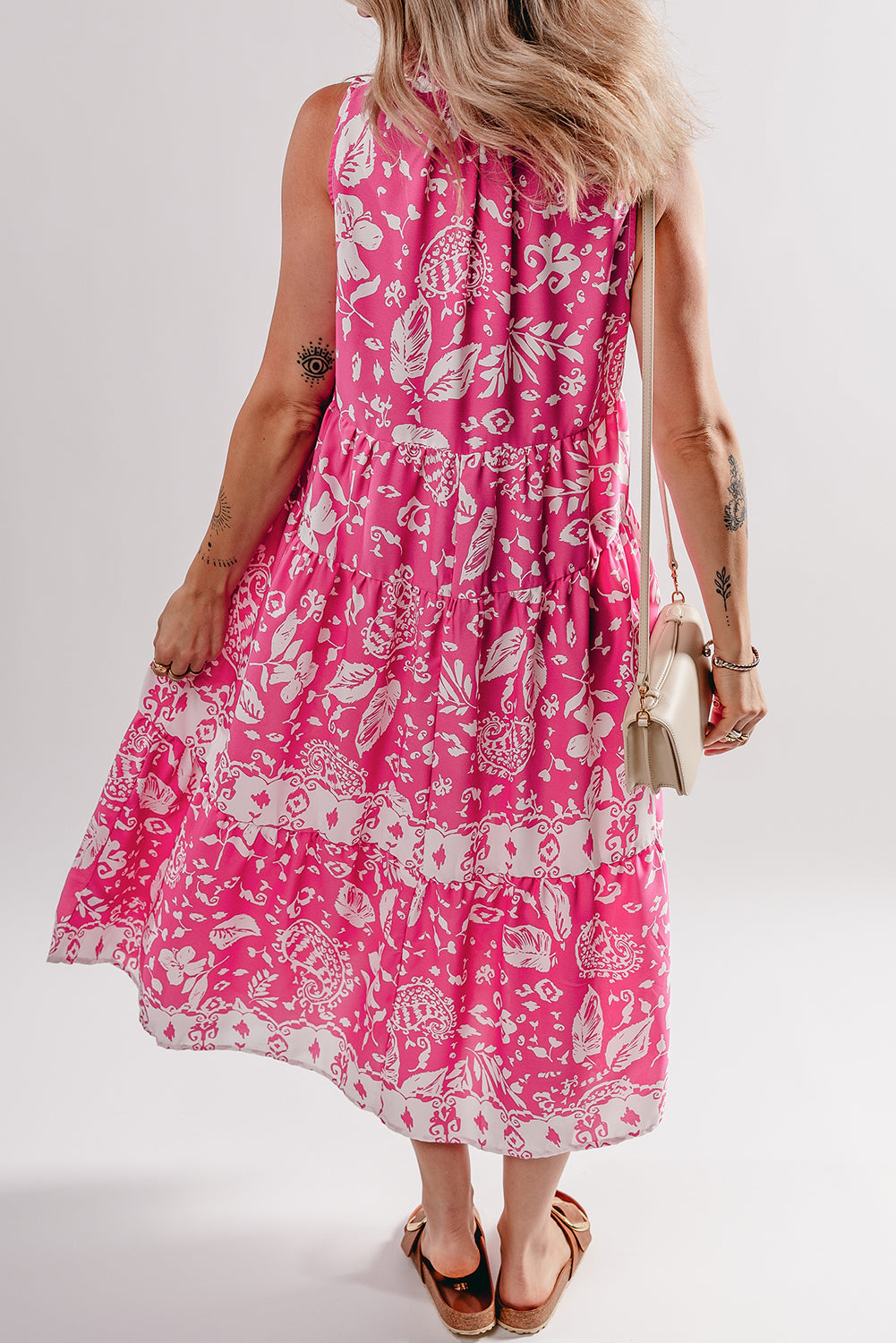 Rose Floral Sleeveless Tasseled Lace-up Neck Tiered Midi Dress