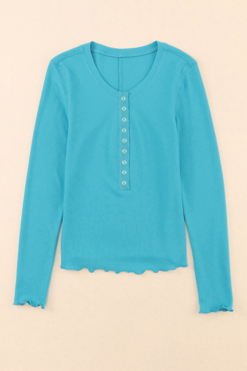 Sky Blue Waffle Knit Long Sleeve Buttoned Henley Top