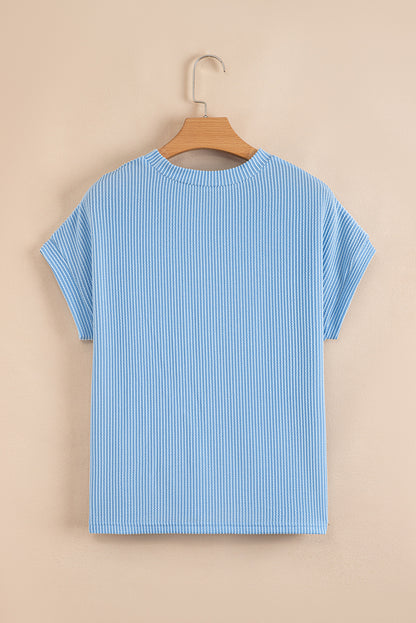 Dark Blue Corded Knit Color Block Pocketed Crew Neck T Shirt