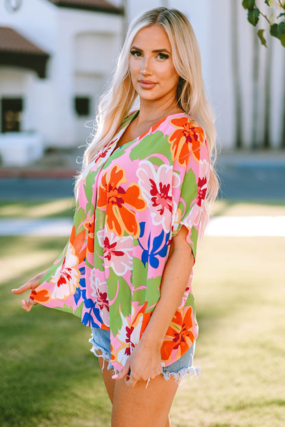 Pink Floral Print Loose Fit V Neck Tunic Blouse