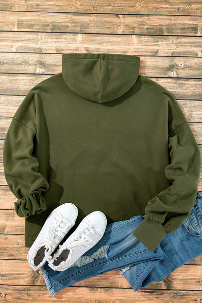 Moss Green Fleece Lined Half Zipper Kangaroo Pockets Loose Hoodie