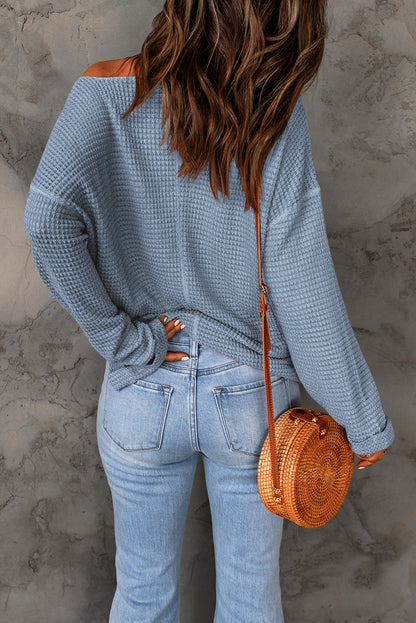 Dusk Blue Waffle Knit Loose Long Sleeve Top