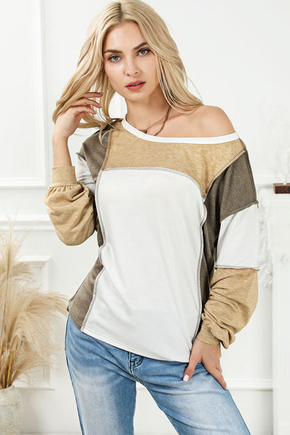 Khaki Exposed Seam Color Block Patchwork Top