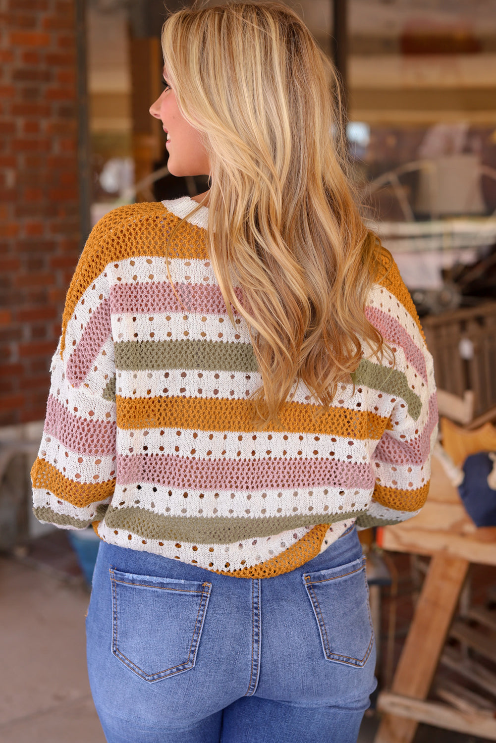 Multicolor Striped Hollowed Knitted Loose Sweater