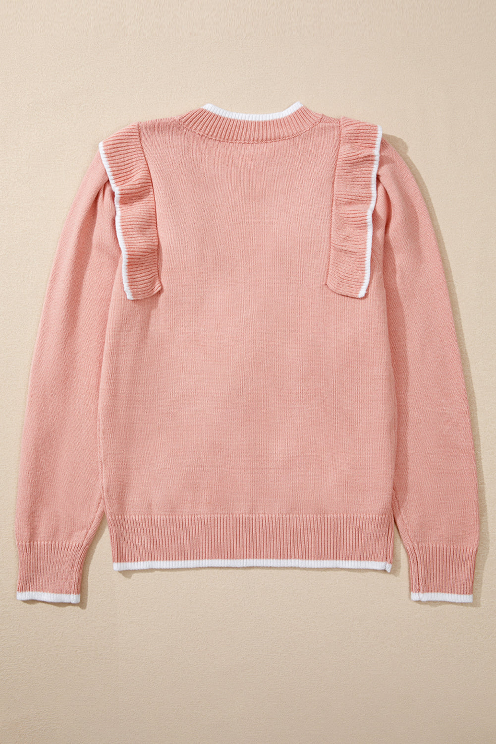 Light Pink Ruffled Bowknot Ribbed Trim Long Sleeve Sweater