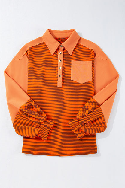 Orange Stripe Exposed Seam Henley Turn-down Neck Puff Sleeve Sweatshirt