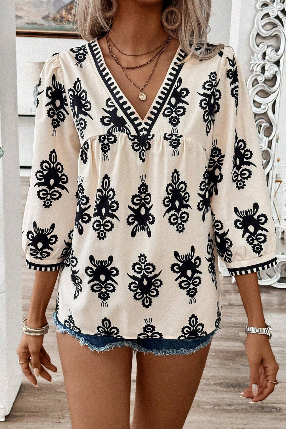 Beige Vintage Geometric Printed 3/4 Sleeve V Neck Blouse