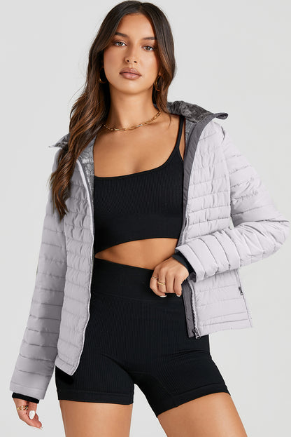 Silvery Solid Color Quilted Zip-up Puffer Jacket