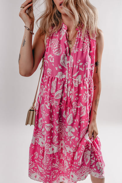 Rose Floral Sleeveless Tasseled Lace-up Neck Tiered Midi Dress