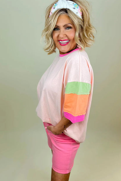 Pink Color Block Half Sleeve O Neck Plus Size T Shirt