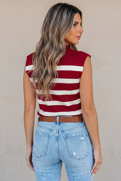 Red Stripe Collared Split Neck Sweater Vest