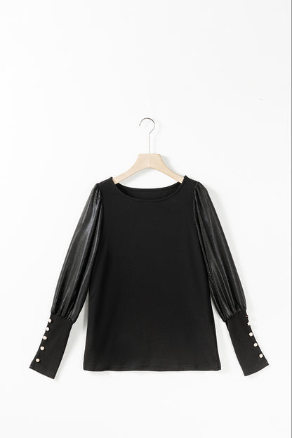 Black Buttoned Cuffs Shiny Puff Sleeves Top