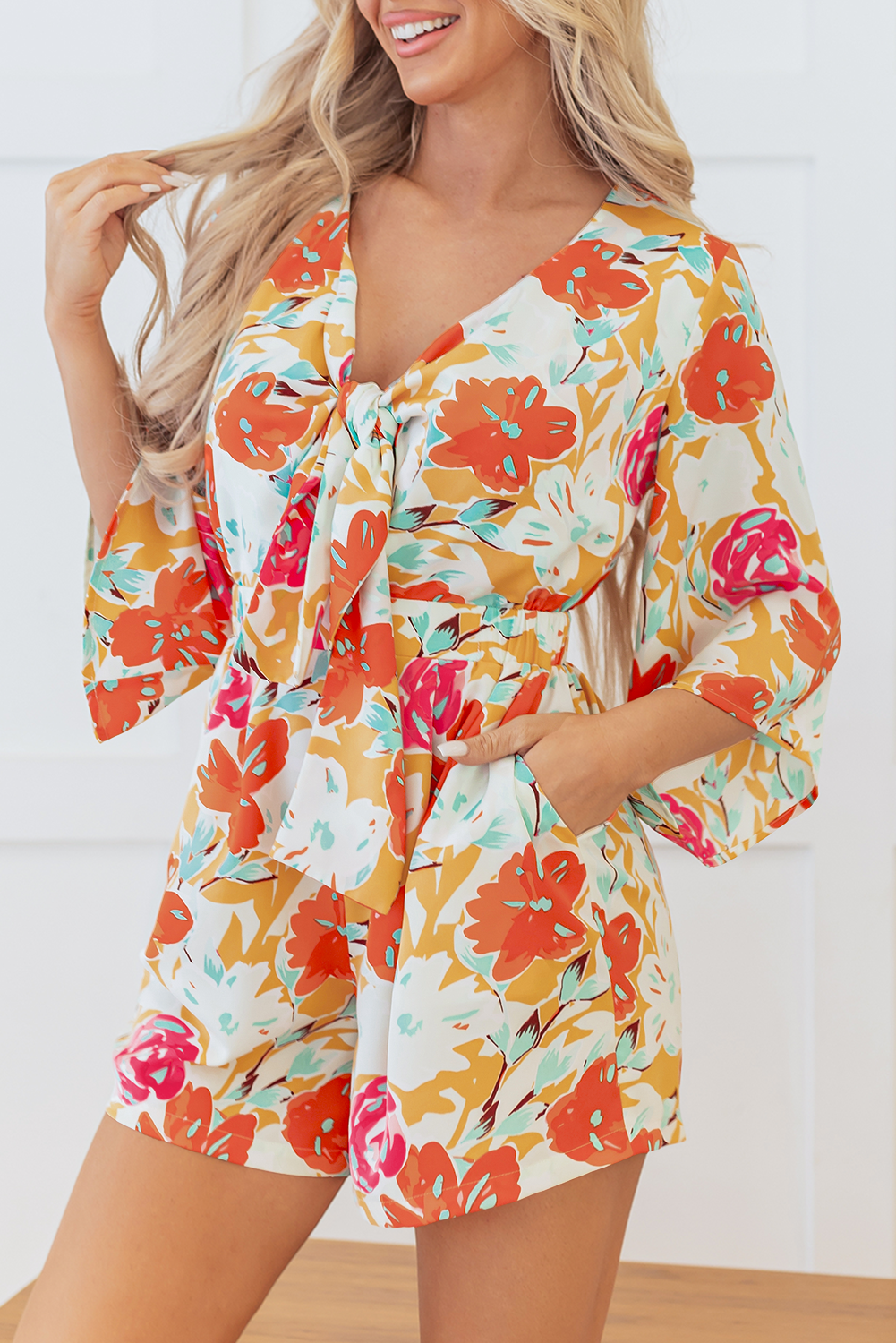 Orange Blooming Floral Print Front Tie Romper