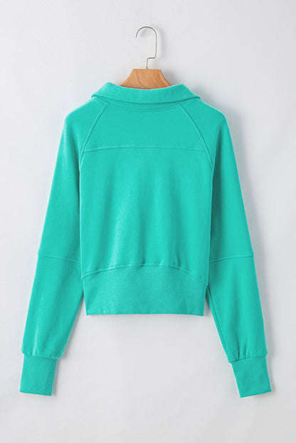 Sea Green Fleece Lined Zip Up Stand Collar Thumbhole Sleeve Sweatshirt