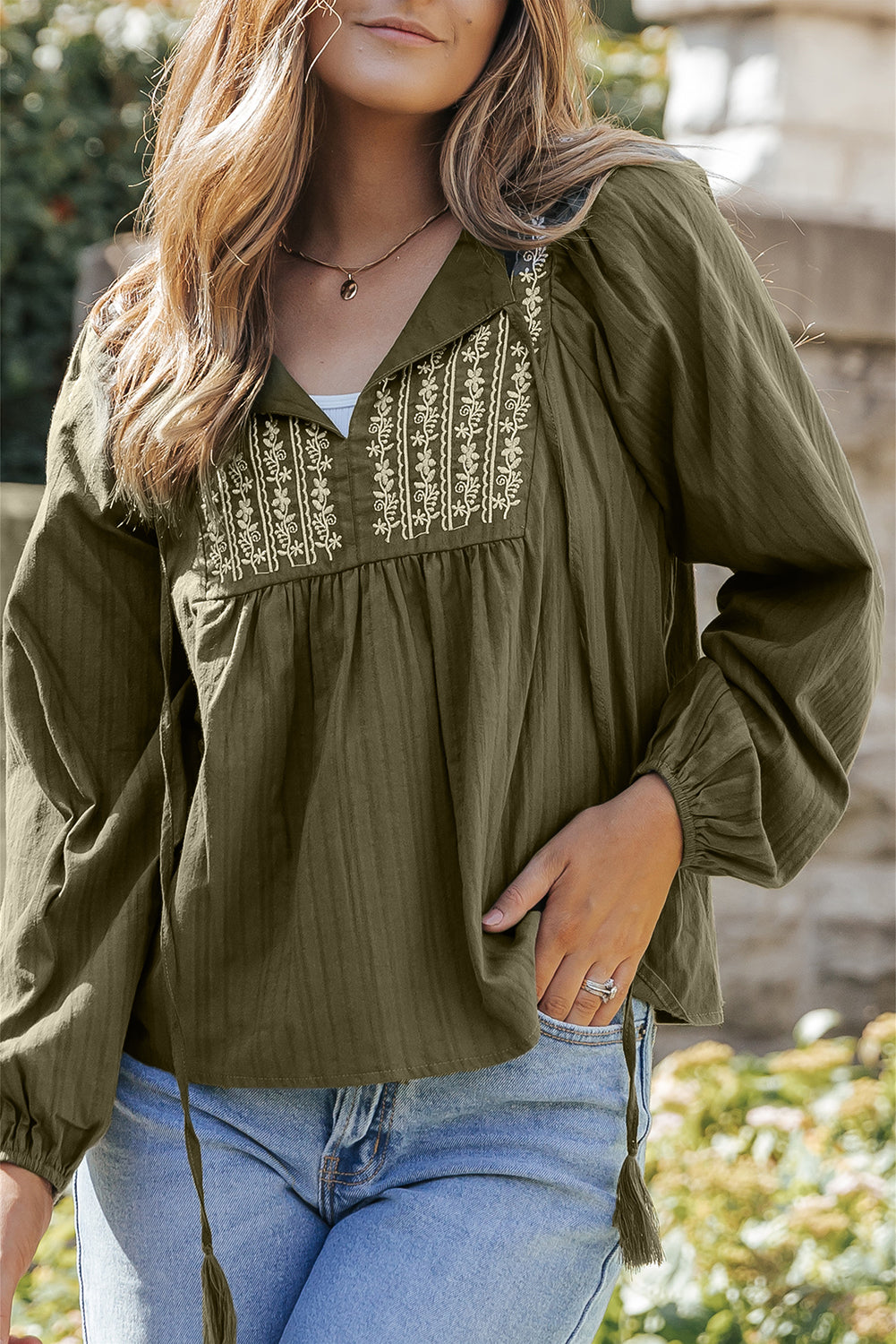 Green Embroidered Split Neck Pleated Loose Blouse