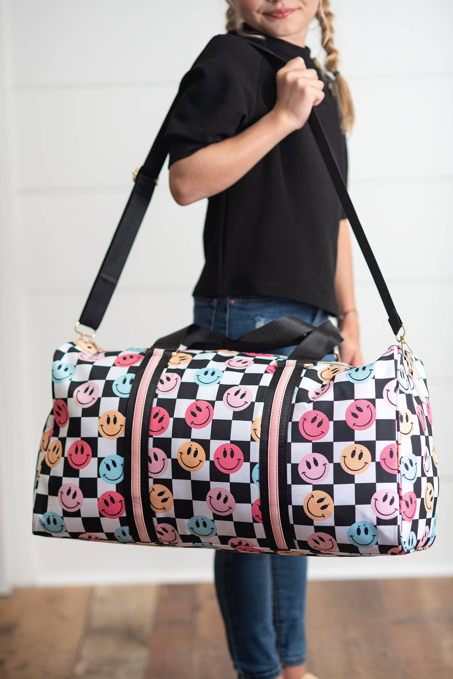 Kids Smiley Face Checkered Duffle Bag Travel Weekender