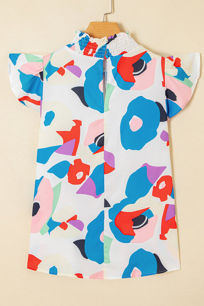 Multicolor Abstract Print Ruffle Sleeve Smocked Blouse