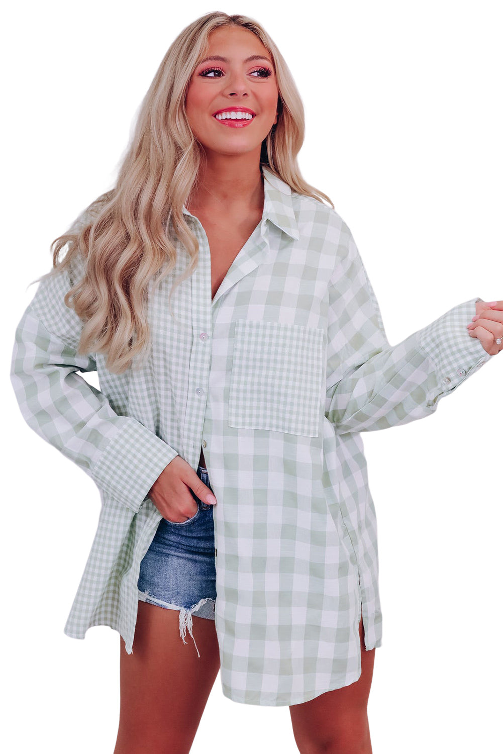 Green Mix Checked Patchwork Long Sleeve Shirt