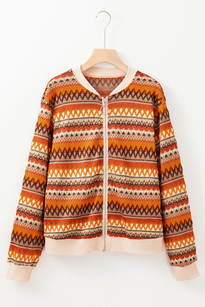 Orange Boho Striped Zip Up Long Sleeve Jacket