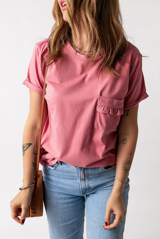 Frilled Pocket O-neck Short Sleeve T Shirt