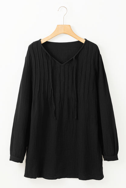 Black Casual Pleated V Neck Textured Loose Top