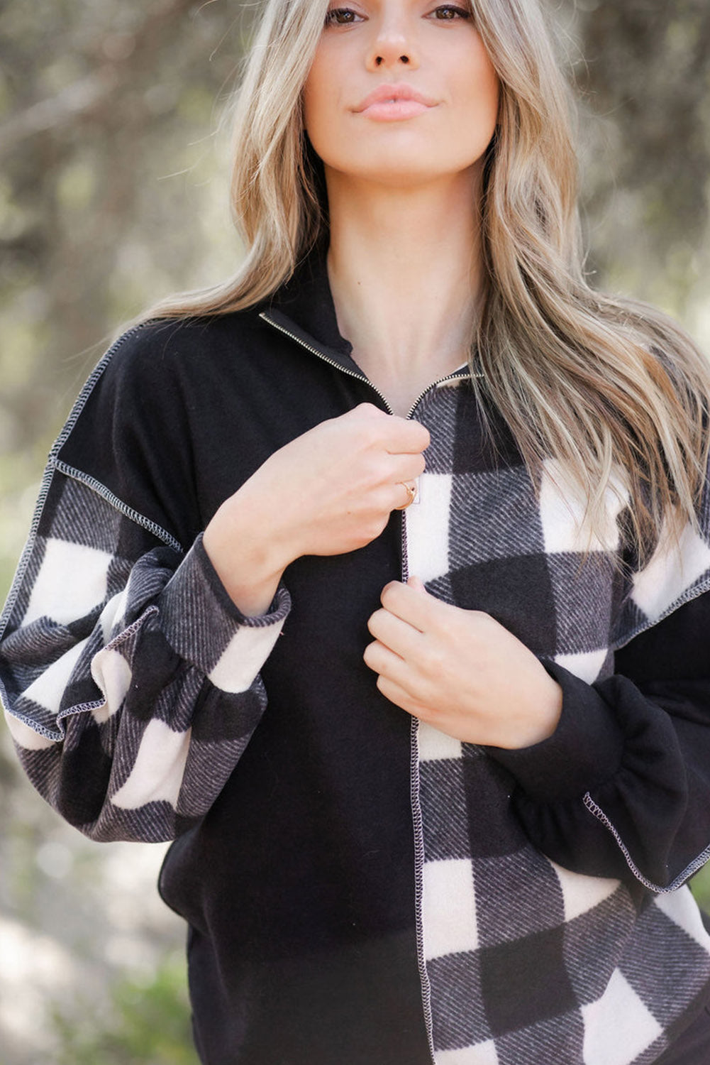 Black Checkboard Patchwork Exposed Stitching Collared Top