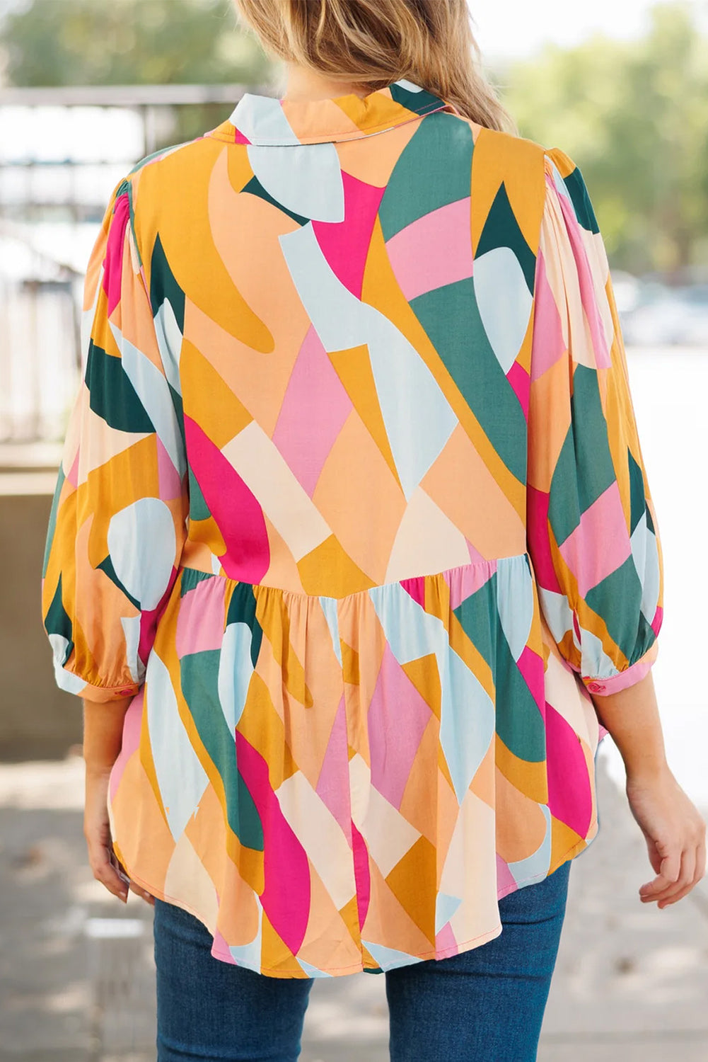 Multicolor Geometric Print Bracelet Sleeve Henley Blouse