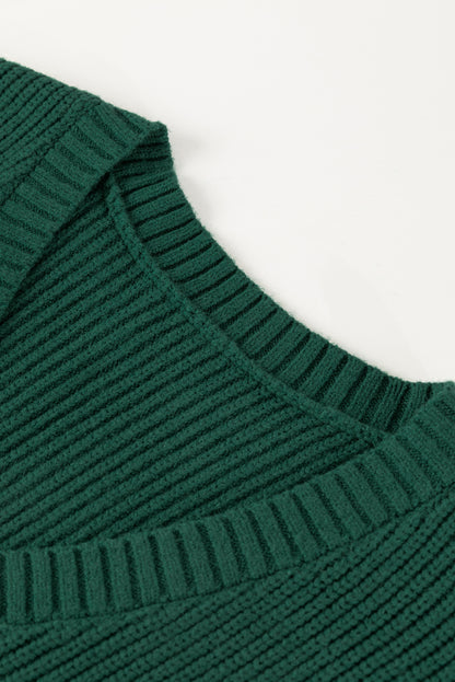 Blackish Green Chest Pocket V Neck Ribbed Cap Sleeve Sweater