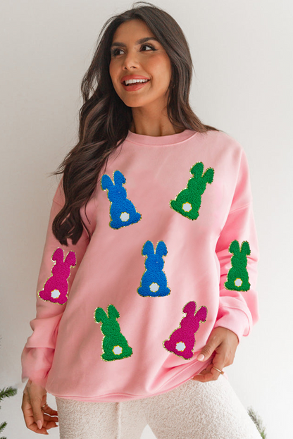 Pink Easter Bunny Chenille Patched Graphic Drop Shoulder Sweatshirt