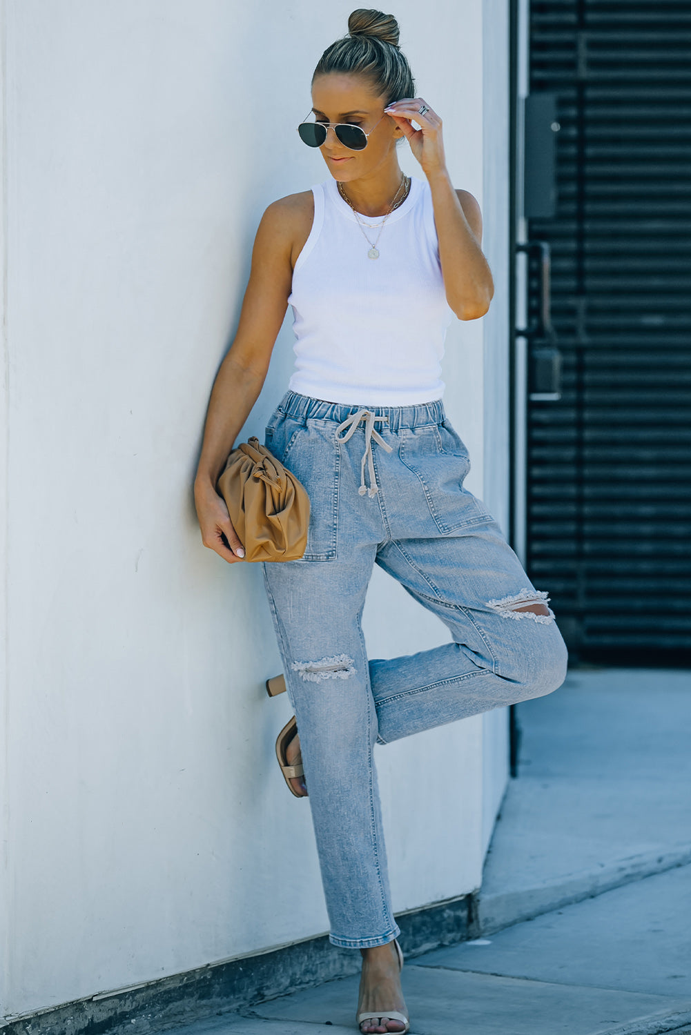 Sky Blue Gather Round Distressed Pocketed Denim Jogger