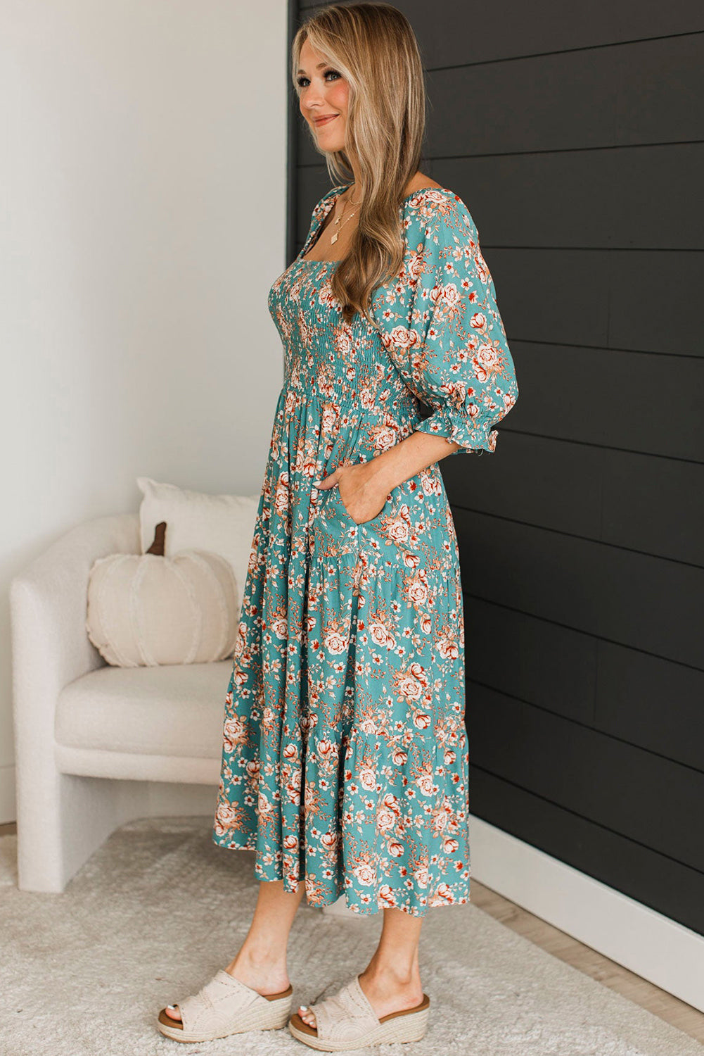 Green Plus Size Floral Print Square Neck Smocked Maxi Dress