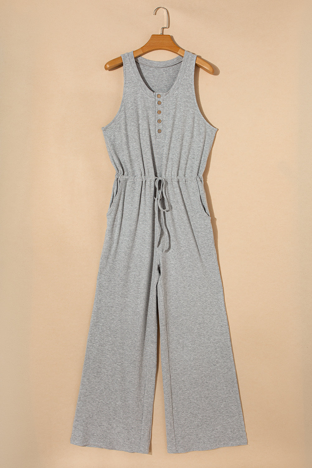 Gray Ribbed Knit Buttons Drawstring Sleeveless Jumpsuit